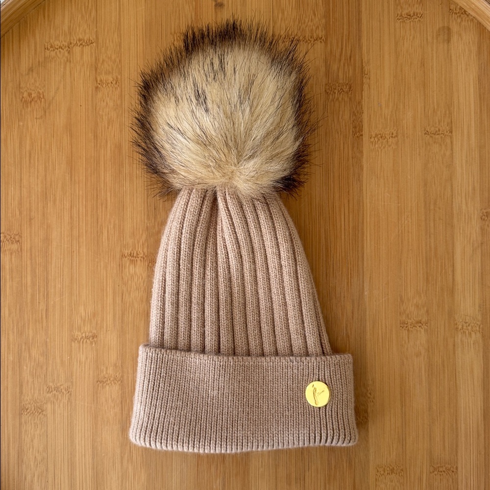 Hortons England Cashmere Wool Ribbed Knit Beanie‎ Faux Fur Pompom Beige One Size